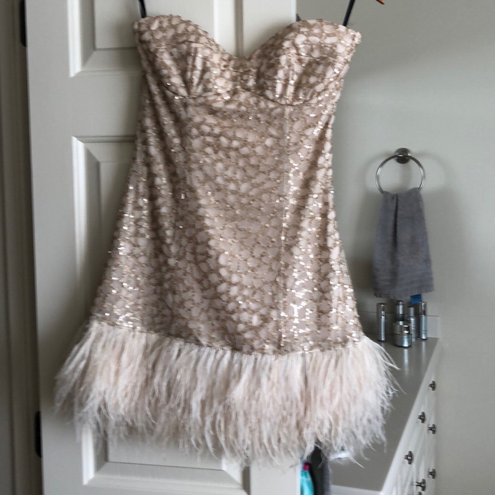Bebe sequin/feather bottom cocktail dress small